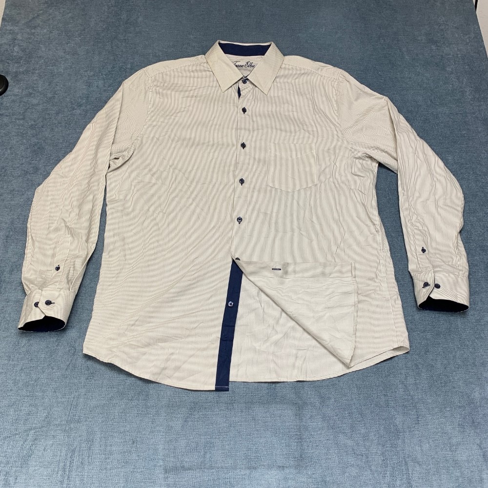 Tasso Elba Dress Shirt Mens Large 16-16.5 Beige Brown Striped Cotton Business